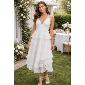 Gianni Bini Lace Overlay Midi Dress Size 4 | V-Neck Tiered A-Line Peplum White